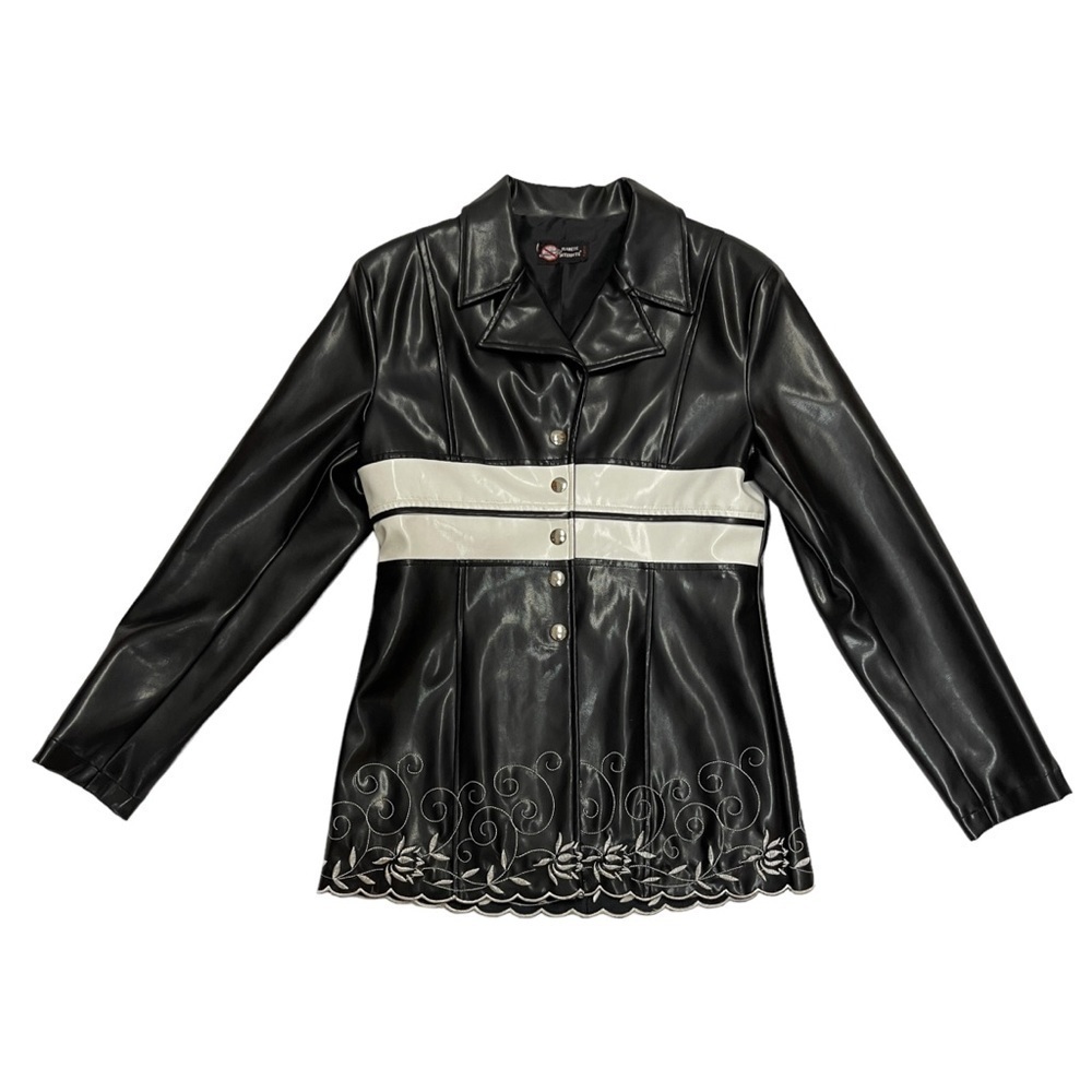 Planete interdite embroidered faux leather jacket black white fits S M vintage